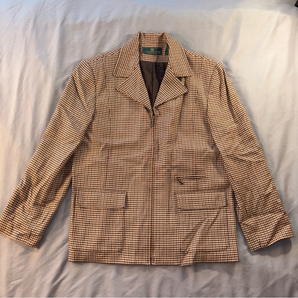 Embassy Row Vintage pure Wool Blazer Jacket Size 16 Houndstooth Brown Academia